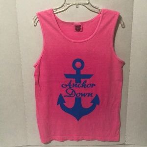 Hot Pink “Anchor Down” Tank accented with contrasting blue lettering Size Small